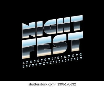 Afiche vectorial metálico en el Festival Nocturno con letras y números creativos de alfabeto. Fuente plateada superior