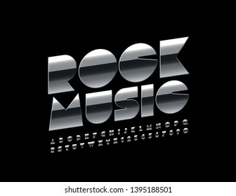 Vektormetallische Poster Rock Music mit Uppercase Font. Silver moderne Alphabet Letters and Numbers