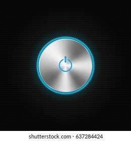 Vector metallic power button with bright blue back light isolated on black textured background. Can be used as icon for user interface design