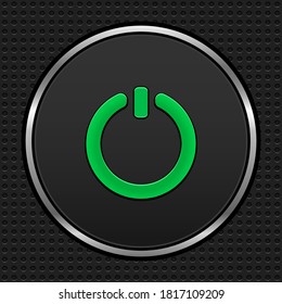 Vector metallic power button with green light.Dark power button with metallic concept illustration.