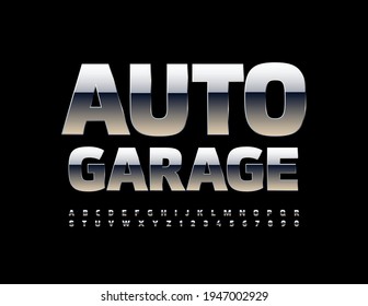 Vector metallic Sign Auto Garage. Modern Chrome Font. Silver Alphabet Letters for Business, Marketing, Design