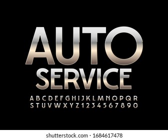Vector metallic sign Auto Service. Silver modern Font. Reflective Alphabet Letters and Numbers