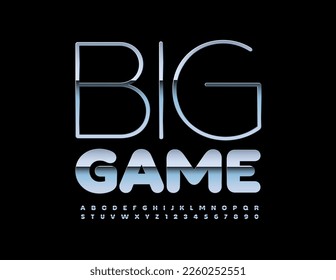 Signo vectorial metálico Big Game con fuente plateada. Letras y números de alfabetos artísticos modernos
