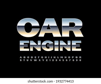 Motor del coche con señalización metálica vectorial. Fuente cromada brillante. Juego de letras y números de alfabeto de acero