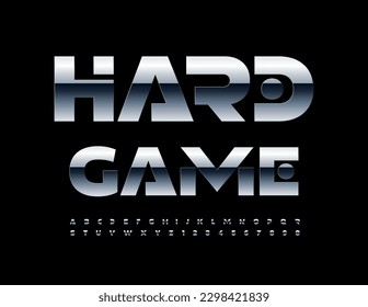 Vector metallic sign Hard Game. Abstract style Font. Chrome set of shine Alphabet Letters and Numbers
