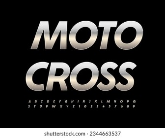 Vector metallic Sign Moto Cross. Modern Silver Font. Chrome Alphabet Letters and Numbers set