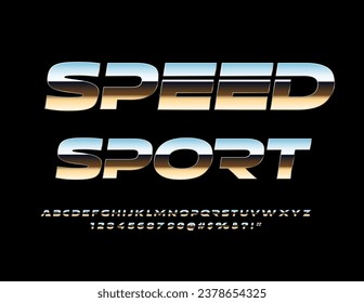 Vector metallic Sign Speed Sport. Trendy Silver Font. Futuristic style Alphabet Letters and Numbers set