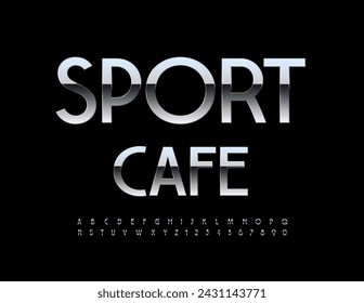 Vector metallic sign Sport Cafe. Stylish Silver Font. Modern Alphabet Letters and Numbers set.