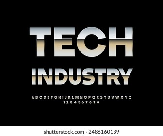 Vector metallic sign Tech Industry. Glossy Silver Font. Reflective Chrome Alphabet Letters and Numbers set.