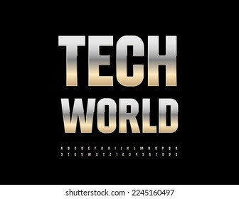 Signo vectorial metálico Tech World. Elegante fuente plateada. Juego de letras y números de alfabeto de acero moderno