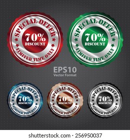 vector : metallic special offer 70% discount limited time only sticker, sign, stamp, icon, label