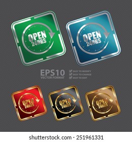 Vector : Metallic Square Open 24HRS Icon, Sticker, Banner, Tag, Sign or Label
