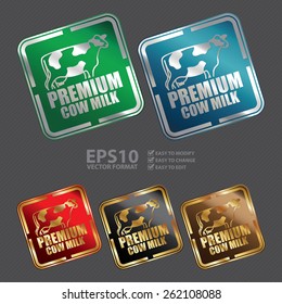 Vector : Metallic Square Premium Cow Milk Icon, Sticker, Banner, Tag, Sign or Label
