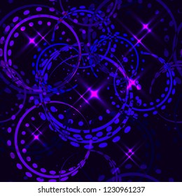 Vector metallic stars and rings in purple shades on night sky background. Seamless pattern for decoration of fashion and beauty industry products.