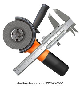Vector Metalworking Concept with Disk Saw and Calipers isolated on white background