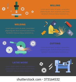 Vector metalworking concept, layout. Metal milling, welding, cutting, lathe work. 