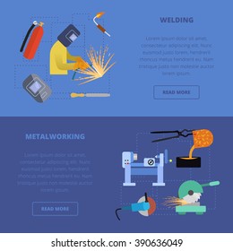 Vector metalworking icons, concept. Metal welding, lathe work, metal cutting, grinding, casting.
