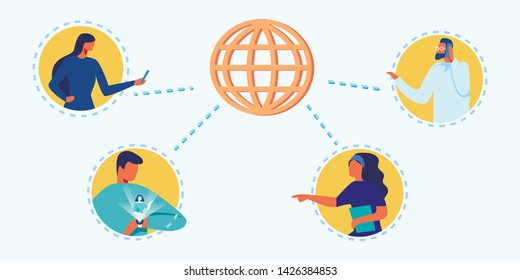 Vector Metaphor Earth Globe Planet. Connected People via Digital Technological Devices. Cartoon People Use Smartphone and Smart Watch for Contacting. Global Network, Communication. Flat Illustration