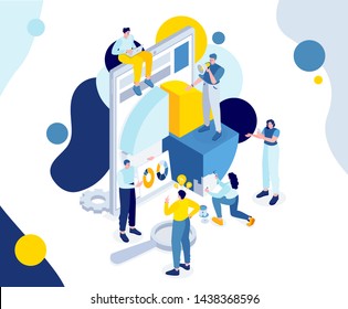 vector metaphor illustration. characters make an analysis of statistics and data. people consider on a laptop the presentation of the report in the form of infographics, confer at the workplace. 