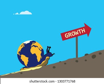 A vector metaphor on global growth slowing. A snail is with a globe on its back slowly goes up a bumpy hill