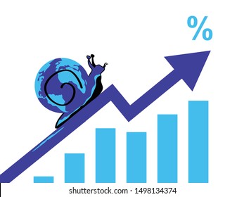 A vector metaphor on global growth slowing. A snail is with a globe on its back slowly goes an arrow.