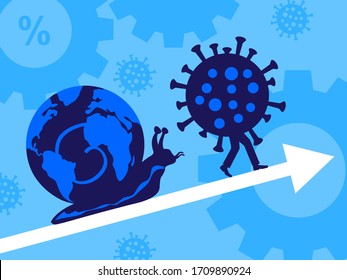 A vector metaphor on a slow globa recovery due to Covid-19 impact on global trade.l . A snail is with a globe on its back slowly follows an arrow aand walking corona virus.