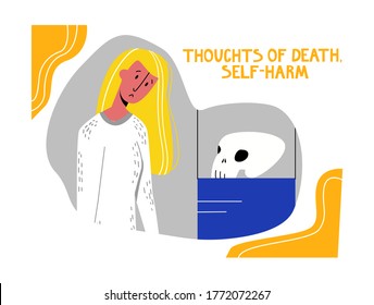 Ilustración abstracta vectorial metáfora triste mujer joven mirando la exposición del cráneo. Concepto depresión y síntomas como pensamientos de muerte, autolesiones. Formato cuadrado, se puede usar en el diseño web, etc.