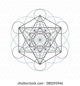 vector metatron dark contour monochrome sacred geometry decoration seed of life circle isolated white background  
