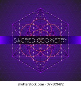 vector metatron light blue contour monochrome sacred geometry decoration seed of life circle isolated dark background  
