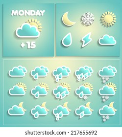vector meteo weather icons with shadows set on a blurred background, eps10
