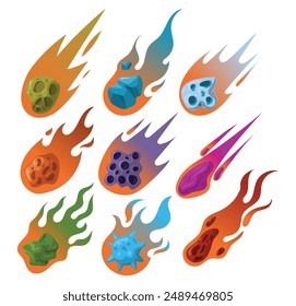 Vector meteor asteroid comet set