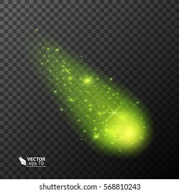 Vector Meteor And Comet On Transparent Background. Green Light Effect, Eps_10