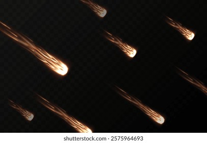 Vector meteor shower png. Falling comets on a transparent background. Cosmic starfall.