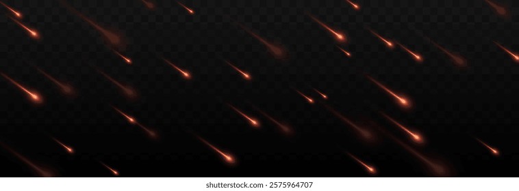 Vector meteor shower png. Falling comets on a transparent background. Cosmic starfall.