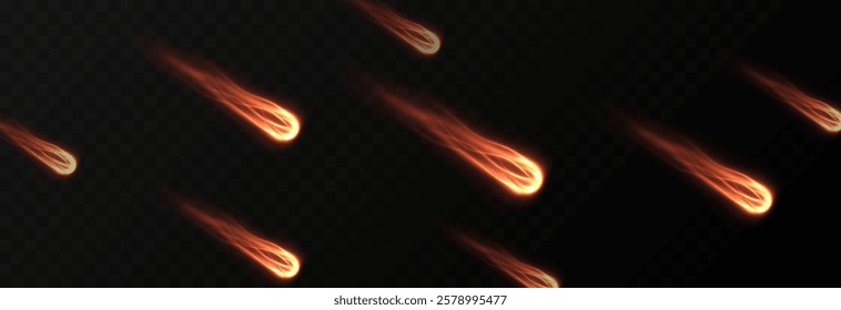 Vector meteor shower png. Falling comets on a transparent background. Cosmic starfall.