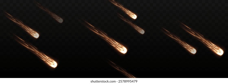 Vector meteor shower png. Falling comets on a transparent background. Cosmic starfall.