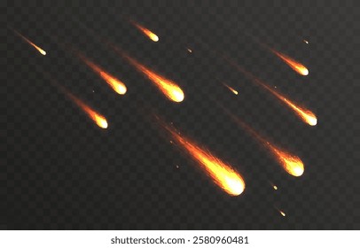 Vector meteor shower PNG. Streaking comets on a transparent background. Celestial starfall.