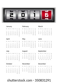 Vector meter numbe calendar 2016. Week starts from Sunday Eps10.
