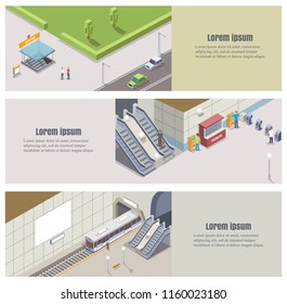 Vector metro banner set with isometric metro station, escalator, entrance gate or turnstile, cashbox, ticket machine, subway train, tunnel, platform and copy space.