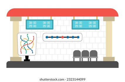 Vector metro station icon. Cartoon underground stop. City subway transportation clipart with timetable chairs and map. Cute comfortable destination point
