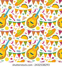 Vector de elementos mexicanos sin patrón. Guitarra mexicana, maracas y guirnalda colorida para fiesta sin patrón