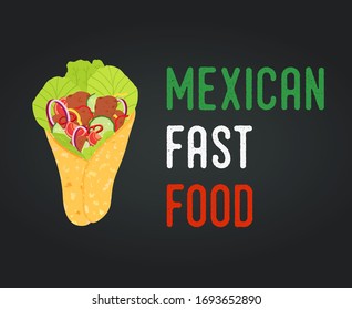 Concepto de comida rápida mexicana vectorial - burrito con verduras y carne. Cocina tradicional, tentempiés nacionales en estilo plano.