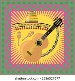 Vector Mexican festival Cinco de mayo. Banner for party. Traditional holiday. Sombrero, guitar and maracas.