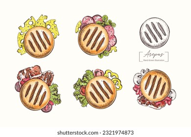 Vector mexican food Arepas in engraved style. National street food, corn tortilla, meat, mushrooms, cheese for menu design, restaurant, shop.