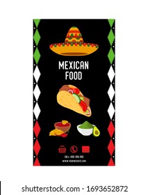 Volante de comida mexicana vectorial - folleto publicitario, banner promocional. Afiche de cocina nacional con colores de bandera y taco, nachos y otros. Dibujo de estilo plano.