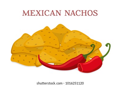 Vector mexican food - nachos, traditional chips with spicy sauce, hot chili pepper. Made in cartoon flat style