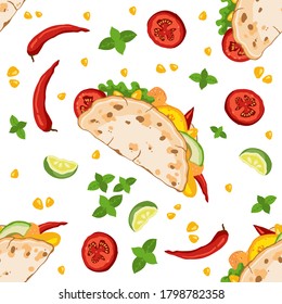 Vector Mexican food seamless pattern. Delicious fresh mouth-watering tacos with vegetables. Design for printing on packaging, textiles, paper, wallpaper.