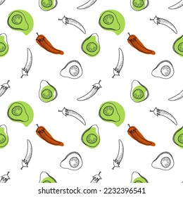 Vector Mexican food seamless pattern. Hand drawn sketch with latin american food such as nachos, tacos, burritos, quesadilla, jalapeno, cilantro, avocado, corns, beans.