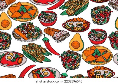 Vector Mexican food seamless pattern. Hand drawn sketch with latin american food such as nachos, tacos, burritos, quesadilla, jalapeno, cilantro, avocado, corns, beans.