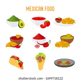 Vector Mexican food - traditional cuisine, taco, nachos, burrito and others. Tomato sauce, guacamole and pozole in cartoon flat style.